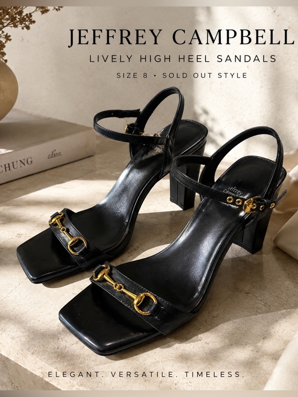JEFFREY CAMPBELL Lively Black Leather High Heel Sandals Sz. 8 Gold Bit Square